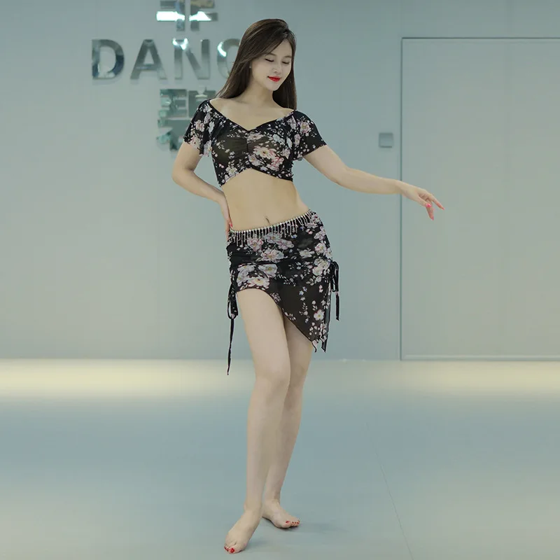 Conjunto de roupa personalizada para prática de dança do ventre, com impressão de gaze de água e padrões florais, fantasia de performance plus size