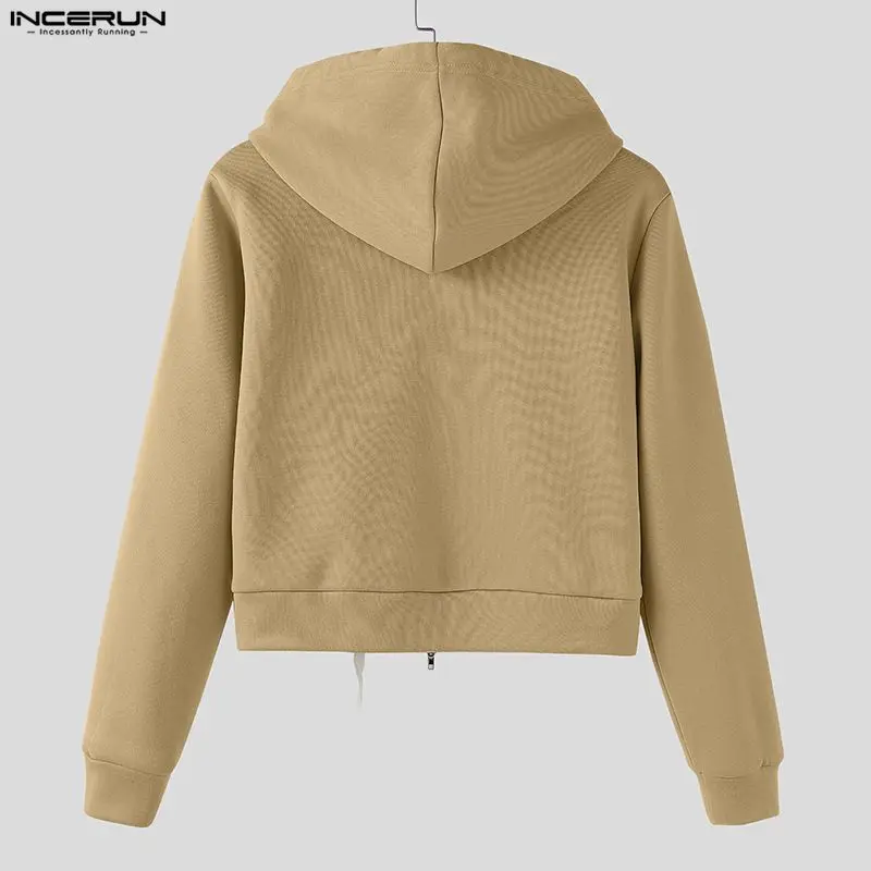 INCERUN الرجال هوديس بلون مقنعين سحاب أكمام طويلة المحاصيل بلوزات الرجال الشارع الشهير فضفاض موضة ملابس خارجية غير رسمية هوديي