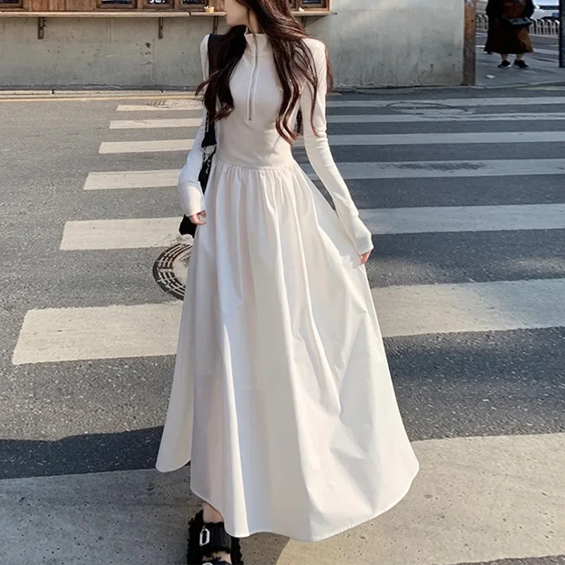 

Style Long-sleeved Polo Collar Dress Women's Spring and Autumn New Design Sense Black Slim-fitting A-word Long Skirt Tide