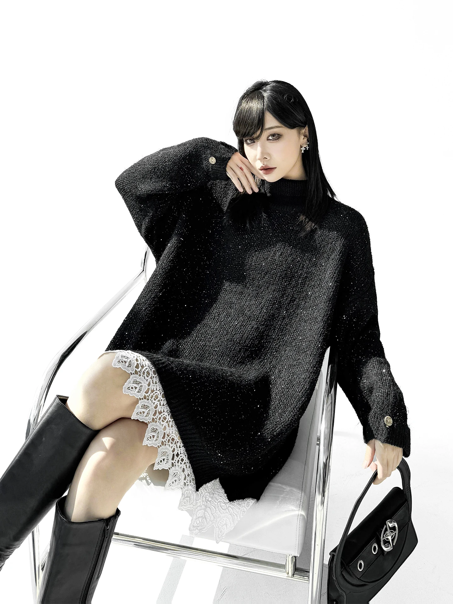 

High Collar Lace Splicing Loose Knitted Sweater Spring Autumn Style Button Decorated Minimalist Women's Fashion Long Sleeve Top
