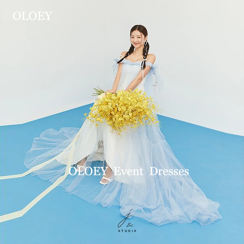 

OLOEY Simple Light Blue A Line Prom Dresses Korea Photoshoot Off Shoulder Floor Length Wedding Party Gowns Soft Tulle Customized