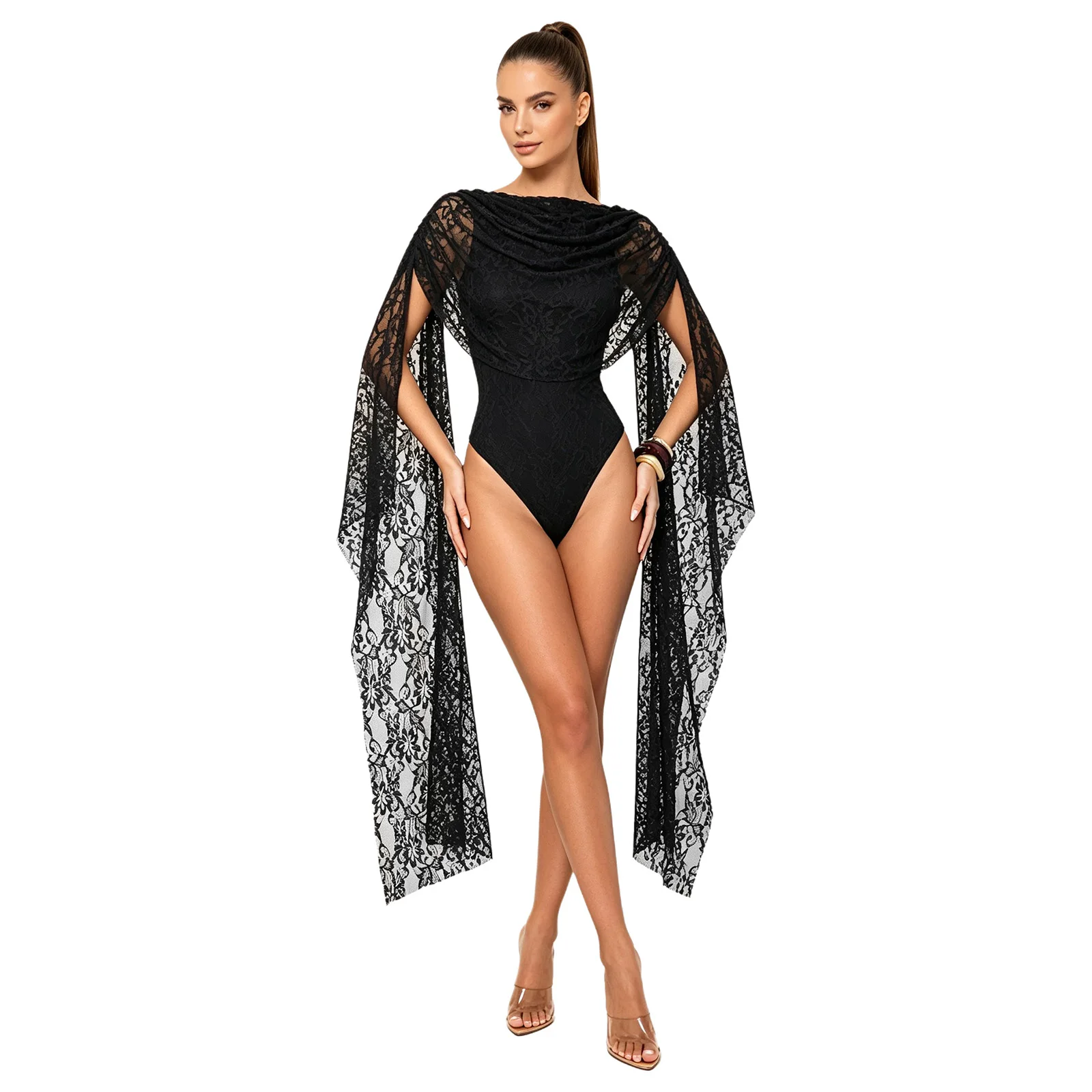 Women's Elegant Floral Lace Bodysuit Tops Fashion Cape Sleeve Overlay Backless Slim Leotard Jumpsuit for Nightclub Party Dinner