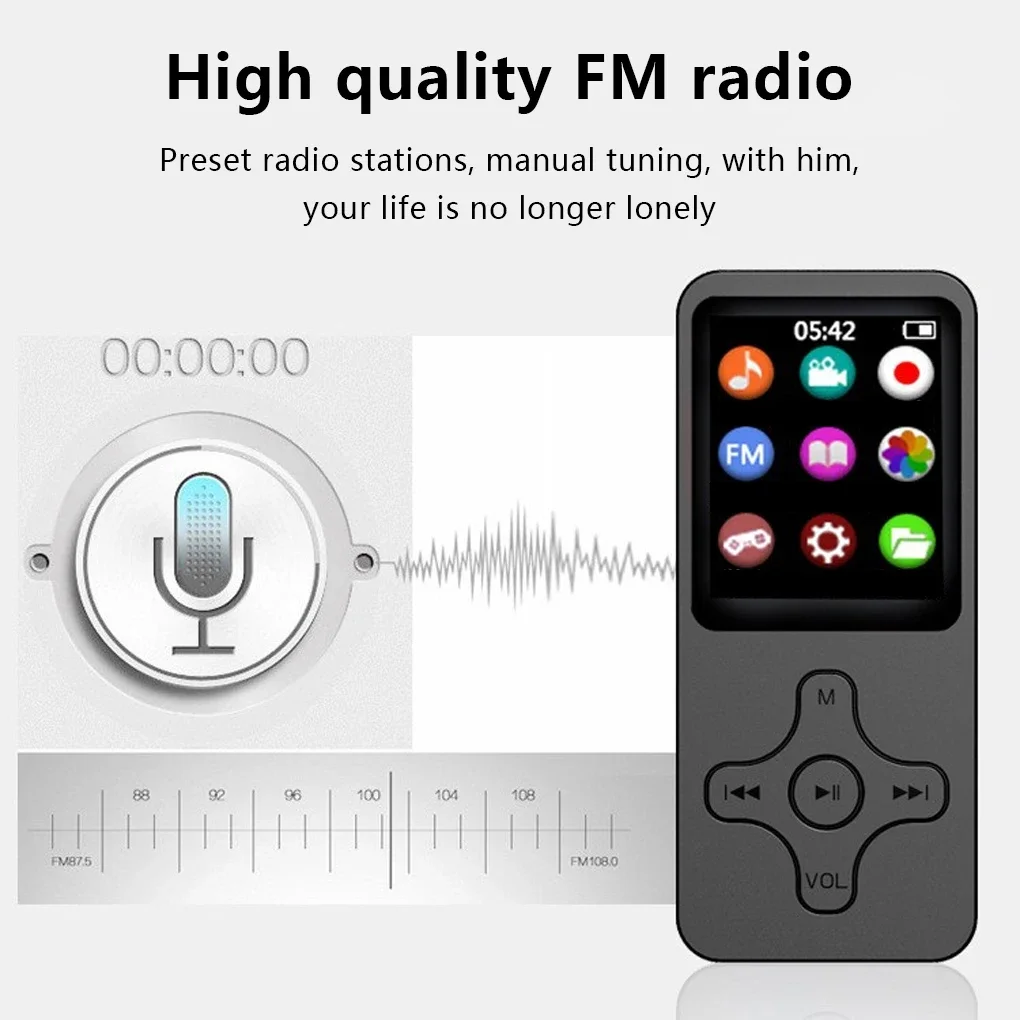 مشغل MP3 صغير متوافق مع بلوتوث المتكلم 8/16/32/64/128GB HiFi الموسيقى المتكلم المحمولة وكمان مع راديو FM تسجيل الكتاب الإلكتروني
