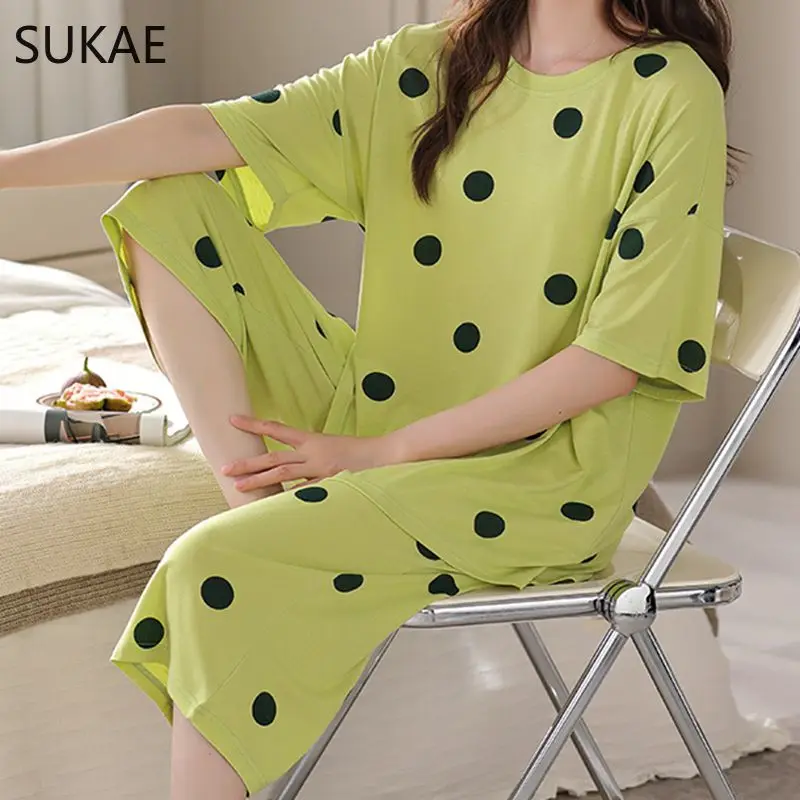 SUKAE Soft Cool Modal M-5XL Plus Size Pijamas for Woman Leisure Lingerie Women Summer Calf-length Sleepwear Casual Pajamas Set