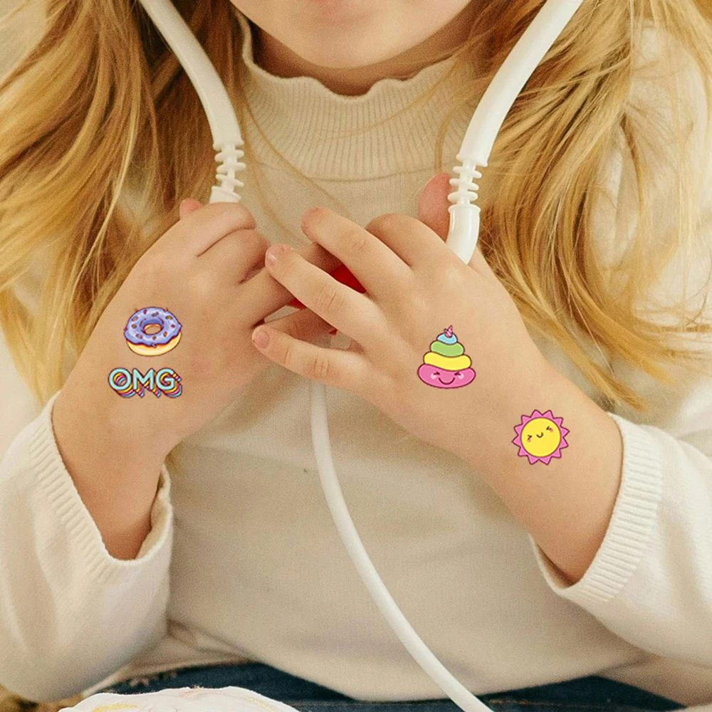 30pcs Cartoon Tattoo Stickers Desserts Donuts Fruit Strawberries Fake Tattoo Waterproof Temporary Tattoos For Party Body Decor