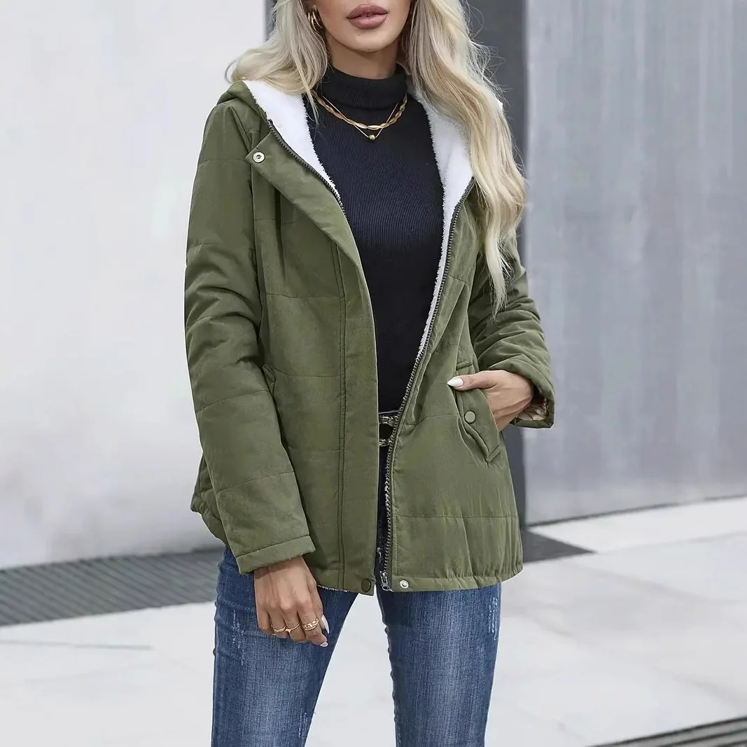 Mulheres parkas botão coberto parka com capuz solto jaqueta outerwear zíper cardigan emendado bolsos sólidos casacos casuais inverno