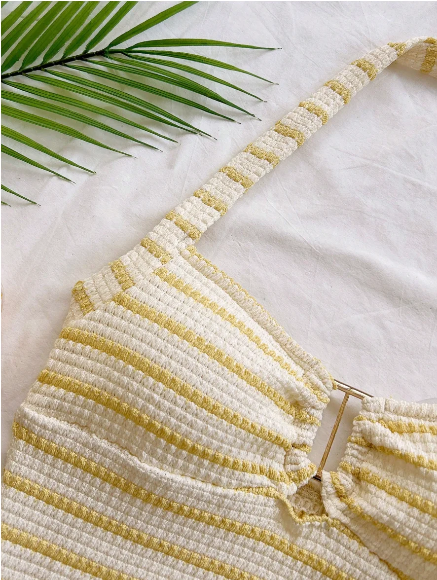 Summer striped halter neck waffle 2-piece knit set - a sexy beach outfit for a vacation vibe. - view 6