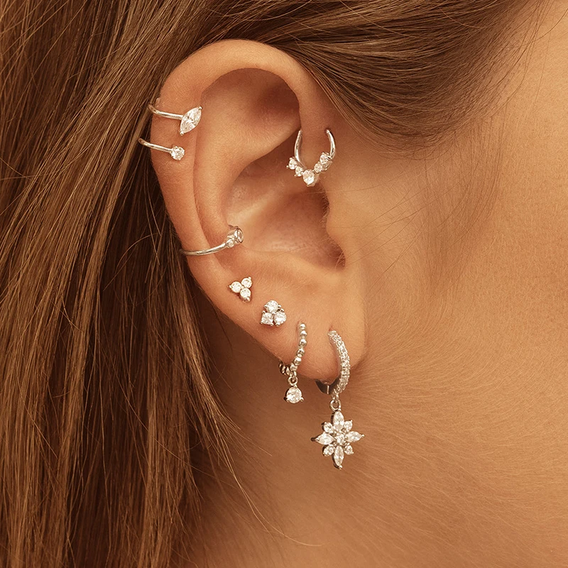 

925 Sterling Silver Needle Classic different shapes snowflake zircon pendant earrings Women's niche fresh hoop earrings jewelry