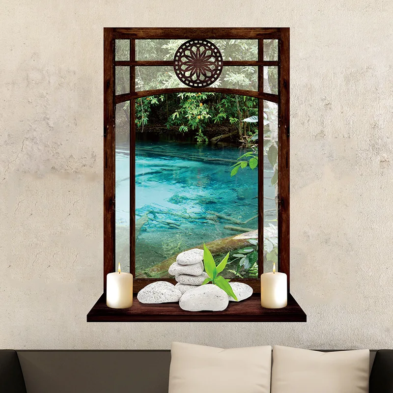 Garden Moonlight Aesthetic Rooms Window Art Green Plants Clear Water Scenery Vinyl Wall Stickers Removable for Home Decoration