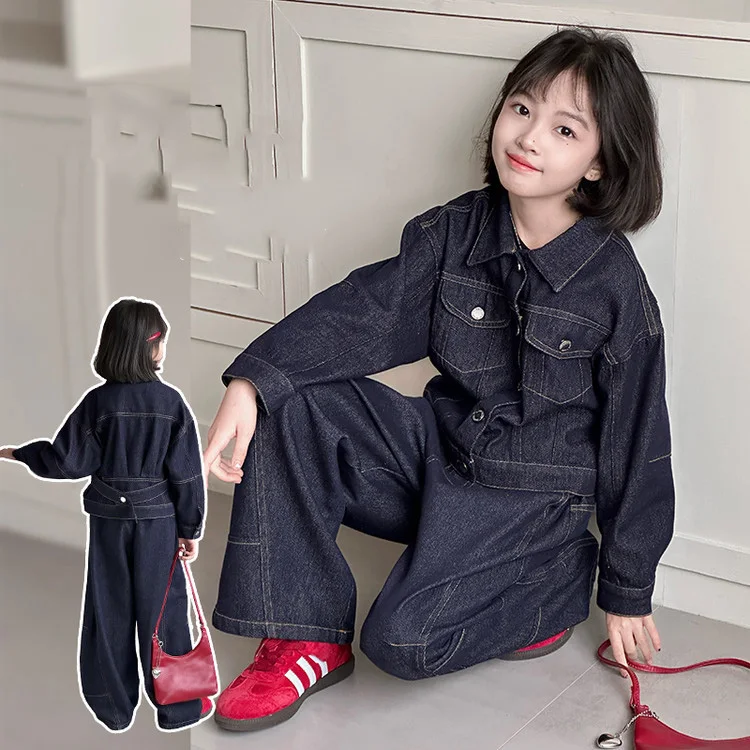 

Осень 2023 г., джинсовый комплект для девочек, однобортное пальто с отложным воротником + широкие брюки, детская одежда для девочек, однотонные костюмы для девочек от 4 до 14 лет