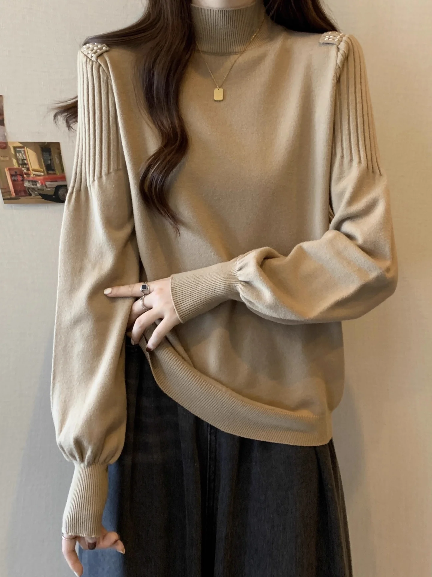 

Women's Knitted Long Sve Base irt f High Collar Inner Wear Soft Korean Sle Loose Fit Comfortable Soft Material