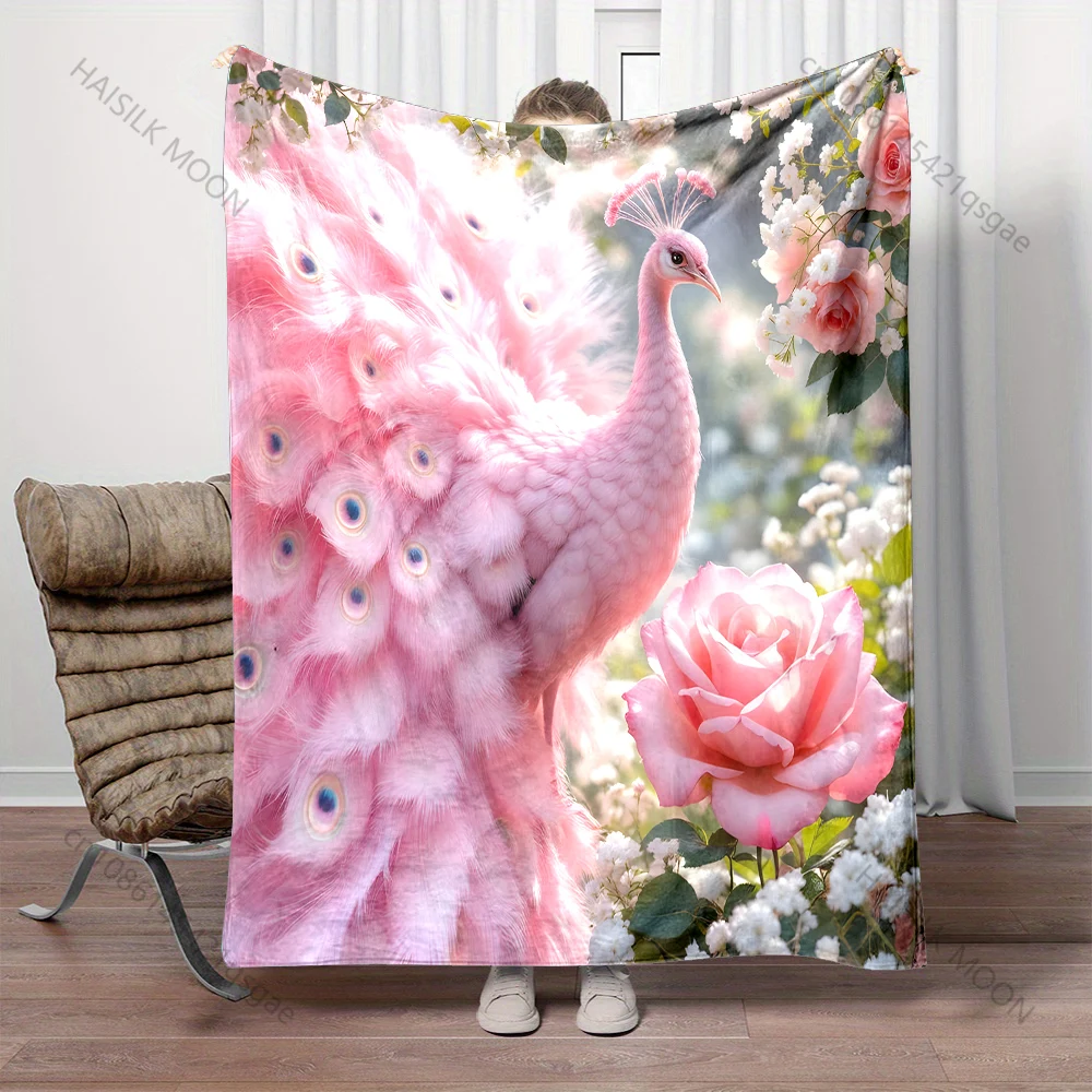 Pink peacock feathers pattern Blanket Flannel Material Soft Warm for All Seasons, Home Outdoor Camping Picnics RV