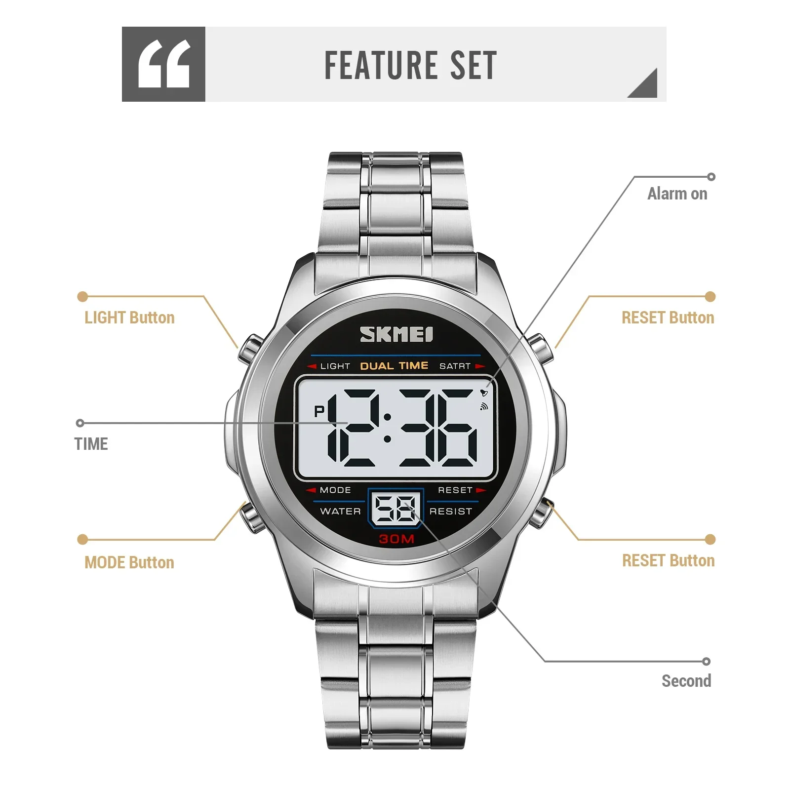 SKMEI 2127 Mens Waterproof Digital Wristwatch Alarm Date Week Clock Stainless Steel Chrono Electronic Sports Watches