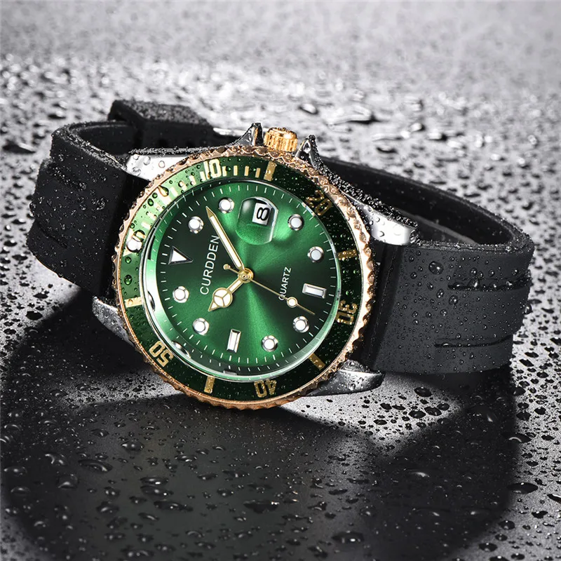 Relojes de marca CURDDEN genuinos para hombres, reloj de pulsera de cuarzo con fecha y banda de silicona informal a la moda para estudiantes, relojes verdes de Marque de Luxe