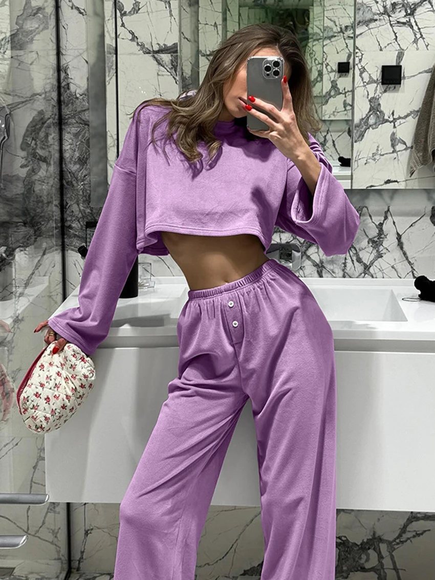 Marthaqiqi Casual Women Nightgowns Set Long Sleeve Pajamas O-Neck Sleepwear Crop Top Nightie Pants Ladies Nightwear 2 Piece Suit