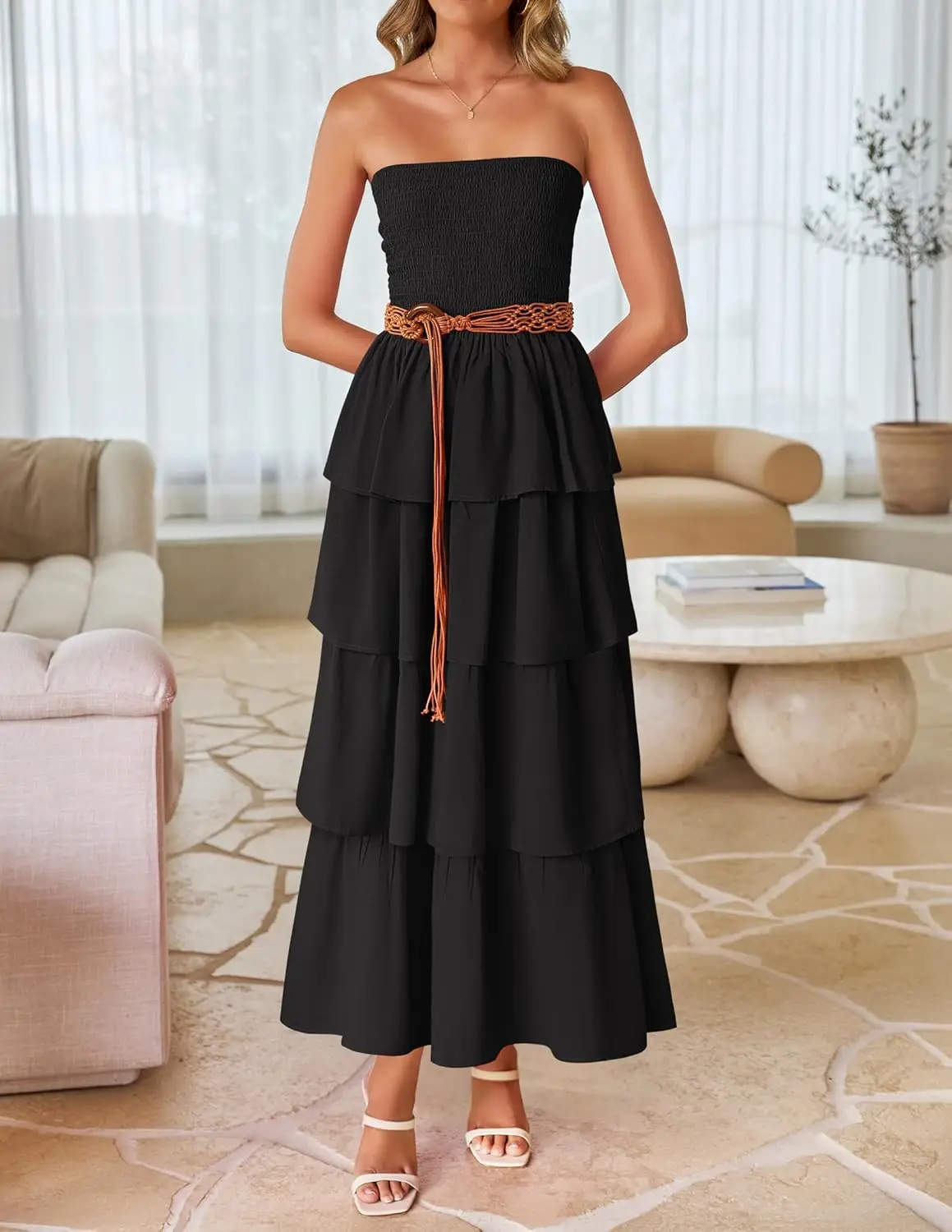 Feminino verão boho sem alças maxi vestido casual sem mangas fora do ombro smocked em camadas praia longo vestido de noite