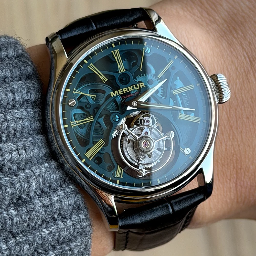 Merkur 100% Tourbillon Horloge Transparantie Skeleton Heren Saffier Horloge Voor Mannen Groen Mechanisch Horloge Relogio Masculino