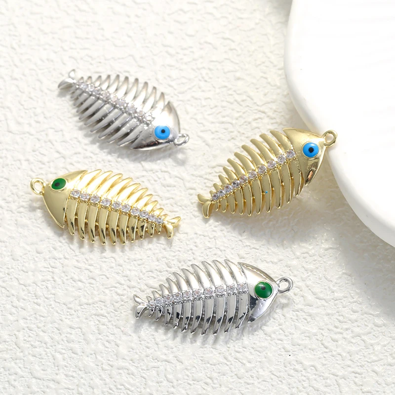 Fish Bone Skeleton Charms, 18K Gold Plated Zircon Enamel Eye Pendants for DIY Jewelry Making:VD2453