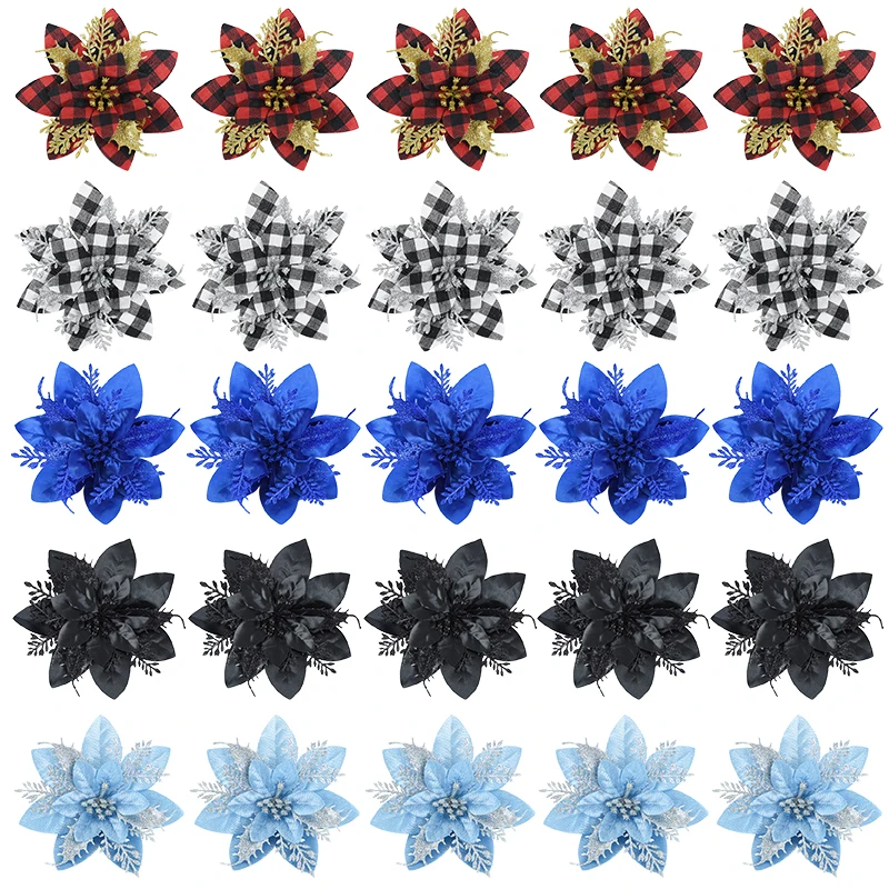 5.7 Inch Artificial Blue and Black Christmas Glitter Flowers with Clips 5/10pcs Xmas Tree Flower Ornaments Noel New Year Decor