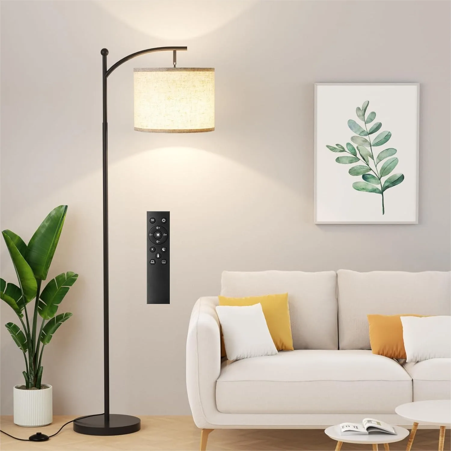 

60in Floor Lamp With Remote Control Stepless Dimmable Bulb Adjustable Color Temperature Brightness For Living Room Beige Shade Black Pole