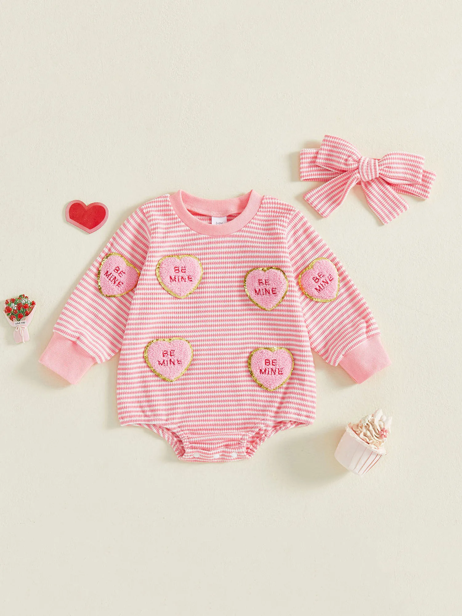 

Комбинезон на День святого Валентина для маленьких девочек с комбинезоном с длинными рукавами и круглым вырезом с вышивкой в виде сердца и подходящей повязкой на голову