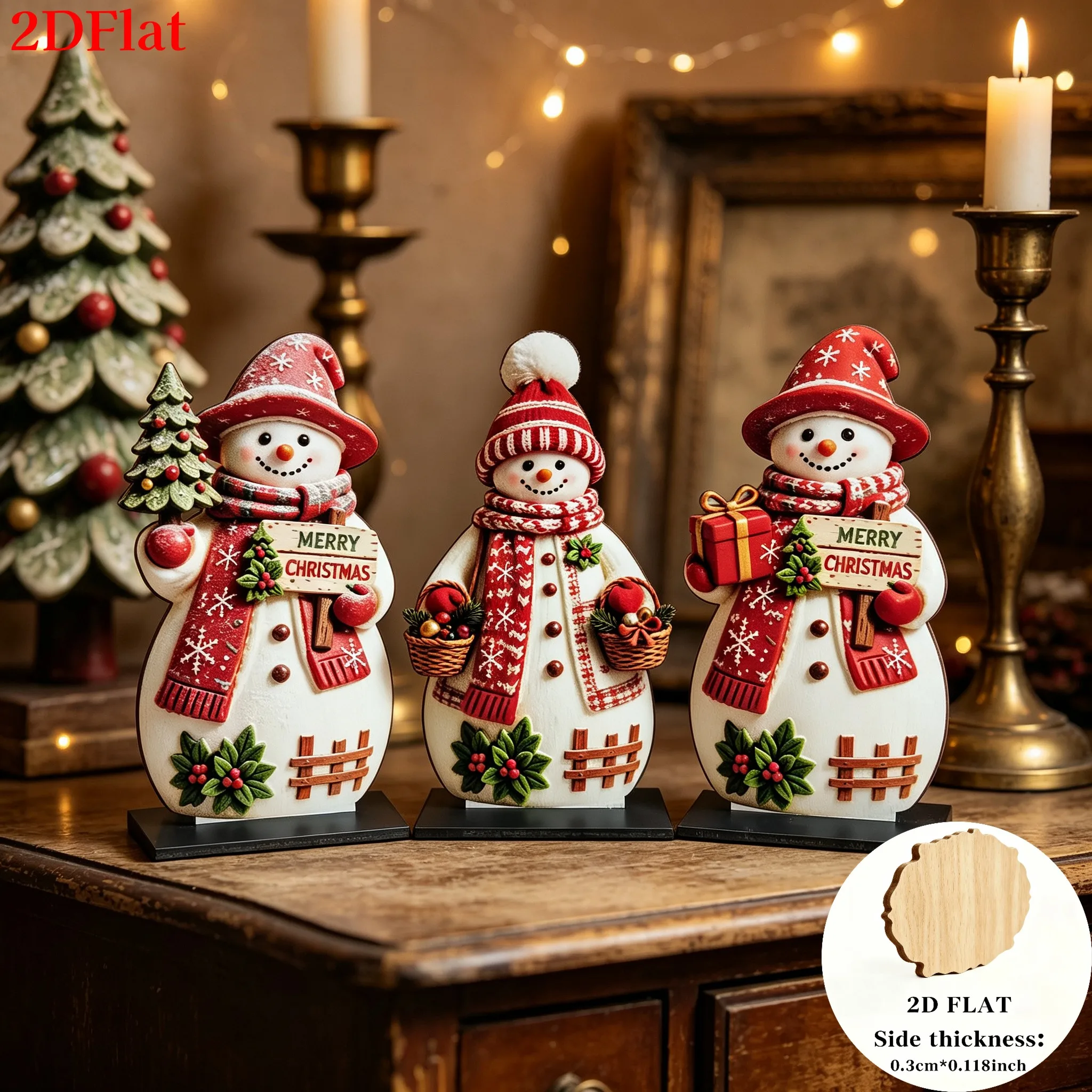6/3 Pieces of Randomly Assorted Vintage Christmas Snowman Wooden 2D Flat Thickened Desktop Ornaments, Rustic Farmhouse Vintage Style Holiday Table Decorations; Snowman Design with Red and White Knitted Hat and Scarf, F