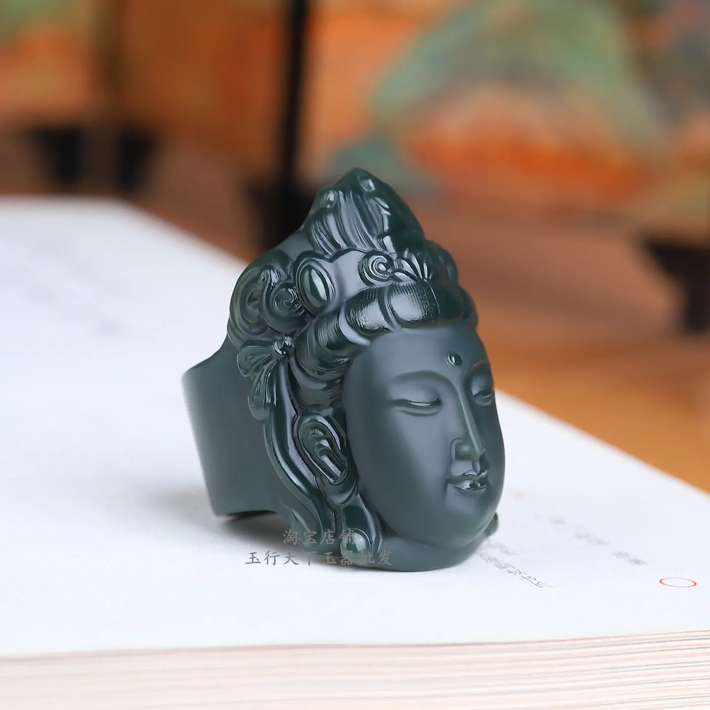 Natural genuine Xinjiang Hetian jade Guanyin jade finger wrench fine material sapphire Guanyin head jade ring men's and women's