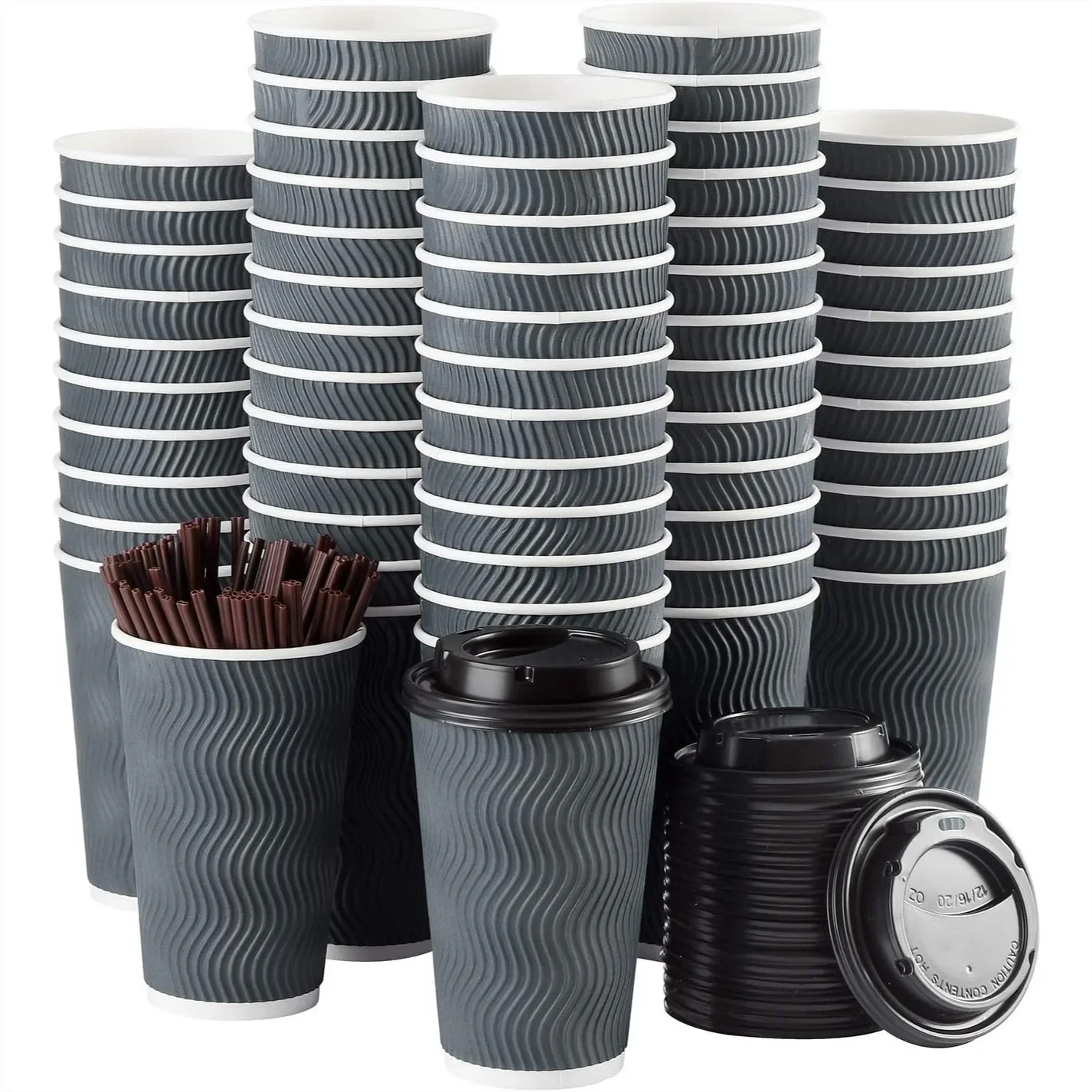 

16 oz Disposable Paper Coffee Cups with Lids and Straws for Hot Drinks