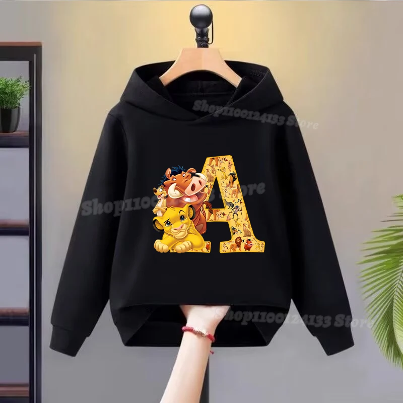 Lion King Simba Kids Spring Sweatshirt Letter A-Z Disney Pumbaa Cute Print Hoodie Pullover Boys Girl Long Sleeve Casual Clothing