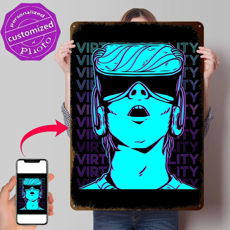 VR Virtual Reality Gamer 3D Texture Metal Poster Customized Wall Art Tin Sign Gift for Mancave Home Decor Items Decoration Room