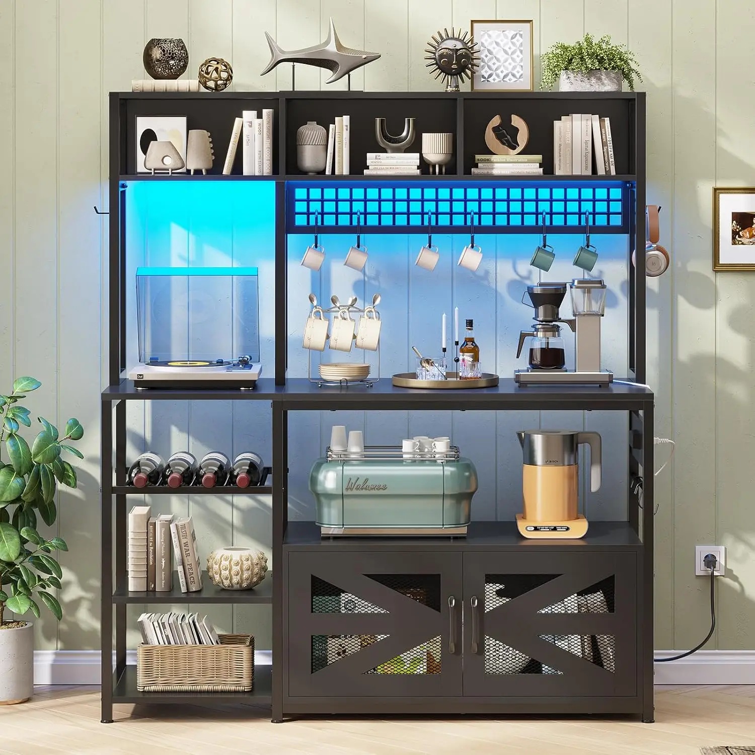 47.2 Inch Bakers Rack with Power Outlet, Microwave Stand with Storage, Farmhouse Coffee Bar Cabinet Station with Wine Rack