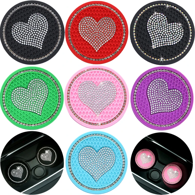 Diamond Car Coaster Heart Shape Water Cup Slot Non-Slip Mat Silica Gel Pad Cup Holder Mat Car Gadget Car Accessories 1/2pcs