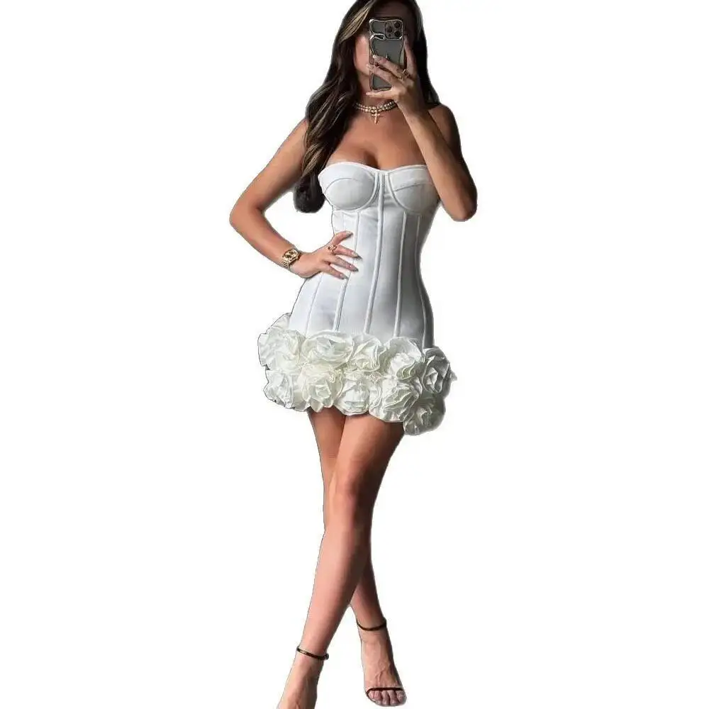 Women Mini Dress Flower Corset Dress  Stretchy Bandage Boned Design  Slim Fit Abdomen Control Evening Short Gown