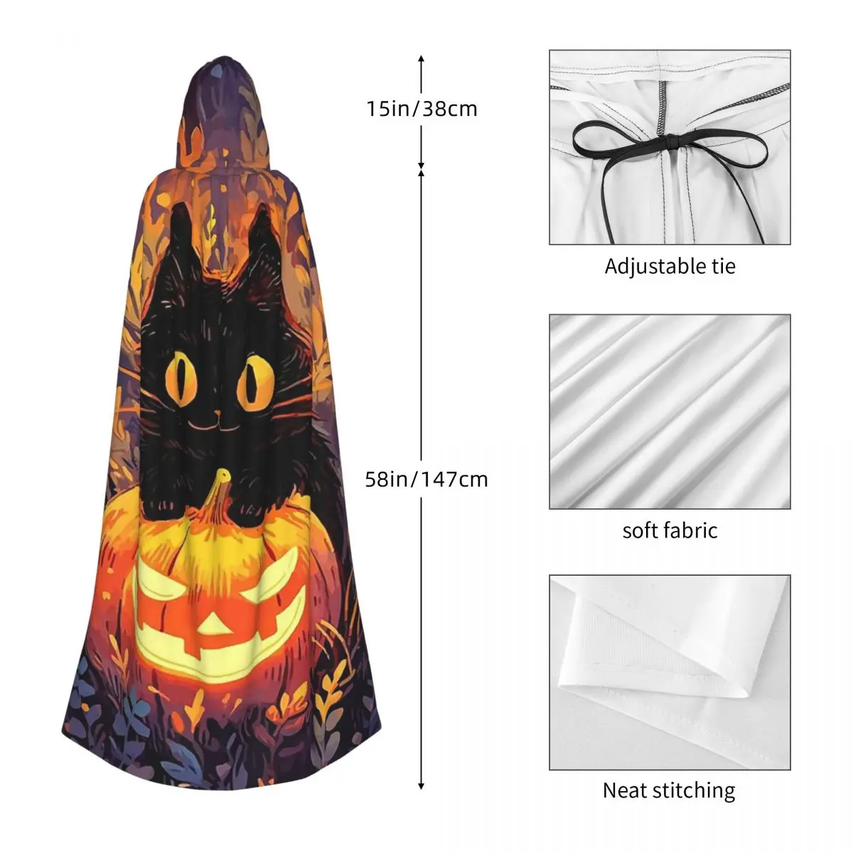 Capa larga con capucha de gatos negros y calabaza para Halloween, disfraz Medieval de bruja, capa de Cosplay, vampiro de Halloween, adulto, Unisex