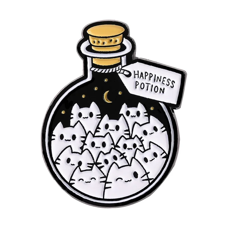 

Happiness Potion Cats Enamel Pins Cartoon Cute Kitten In Magic Bottle Brooches Backpack Lapel Badge Jewelry Gifts for Friends