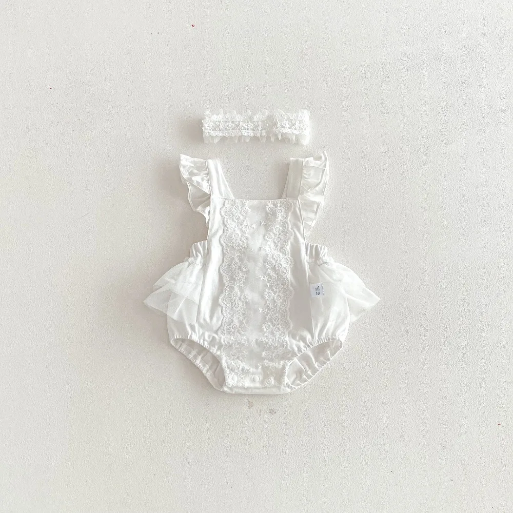 Cute Newborn Baby Girl Romper 0-2Years Princess Infant Sleeveless Backless Solid White Lace Bodysuit Headwear Summer Clothes