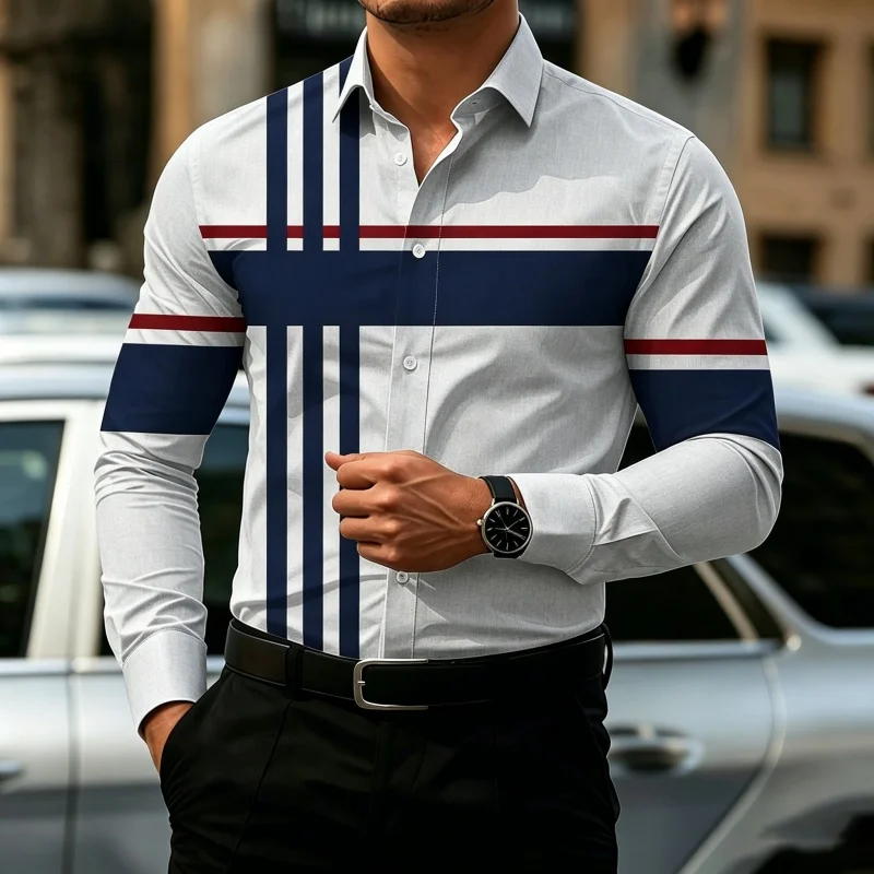 Men's Casual Patchwork Shirt with Contrasting Striped Street Style Top image 6