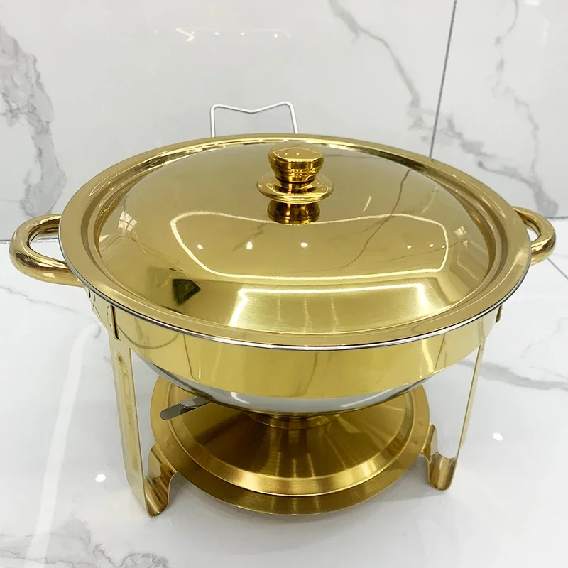 

4.5 liters golden round hot pot stainless steel food warmer buffet set with lid alcohol stove family restaurant wedding heating