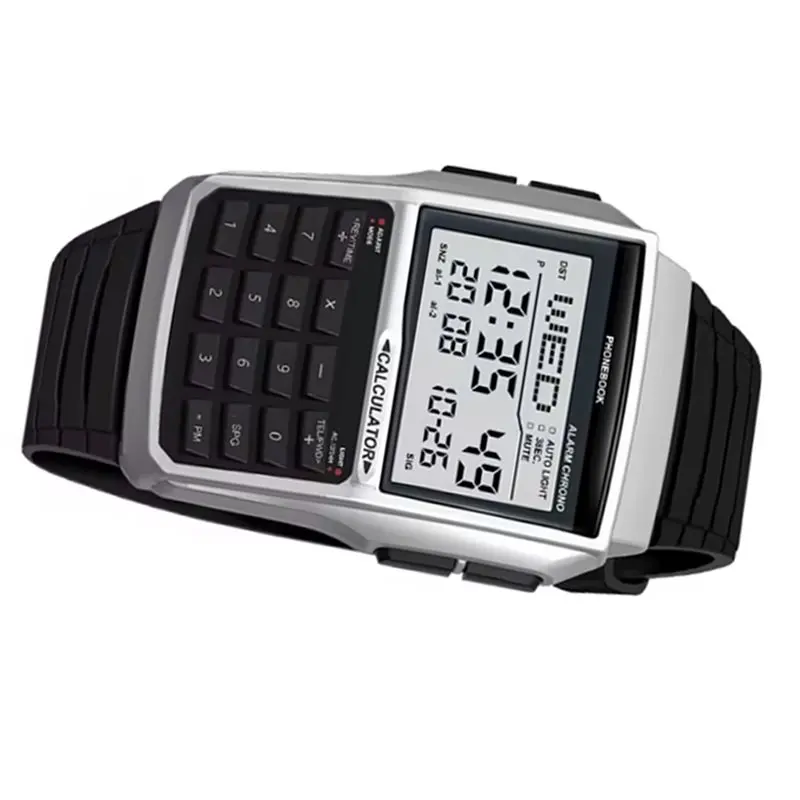 ABKQ-boîtier en plastique montre pour hommes Style ordinateur bracelet en acier inoxydable montre hommes calculatrice montre multifonctionnelle Led