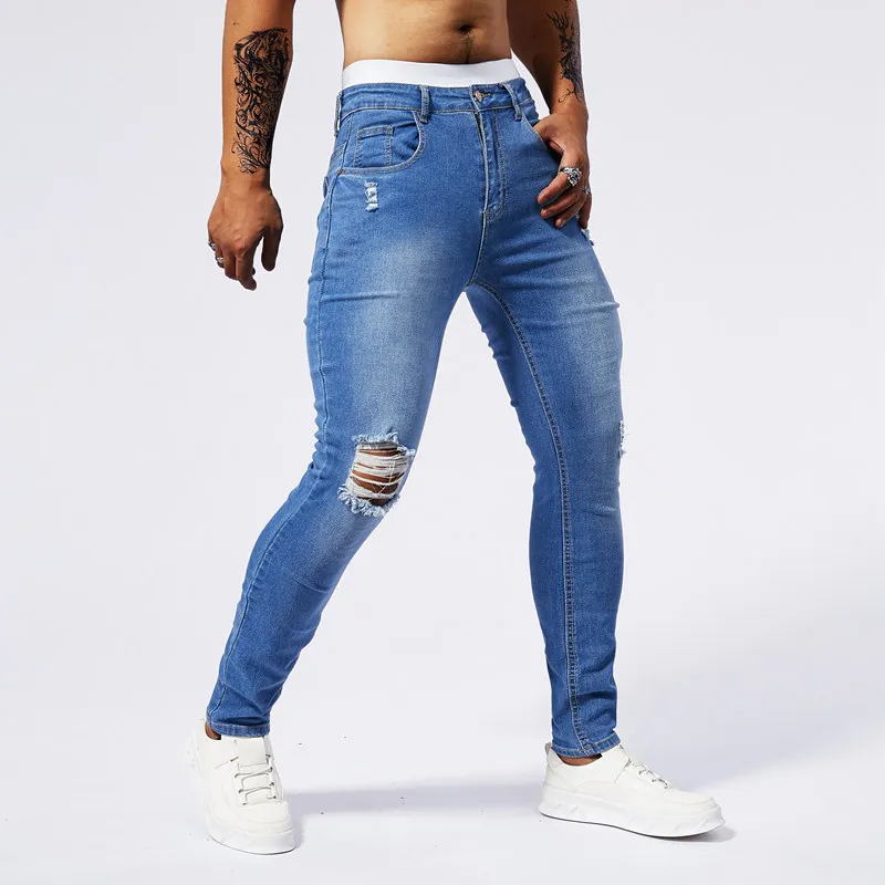 Jean skinny déchiré de style de rue pour hommes, denim monochrome délavé vintage, surintendant ser, pantalon crayon décontracté, mode de luxe, nouveau, 2024