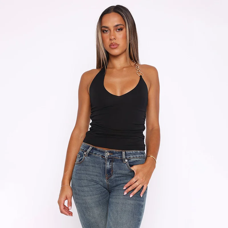 Sexy V-neck Sleeveless Off-the-shoulder Bodysuit Street-style T-shirt With Metal Ring Decorations Fashionable Fitted Women's Top