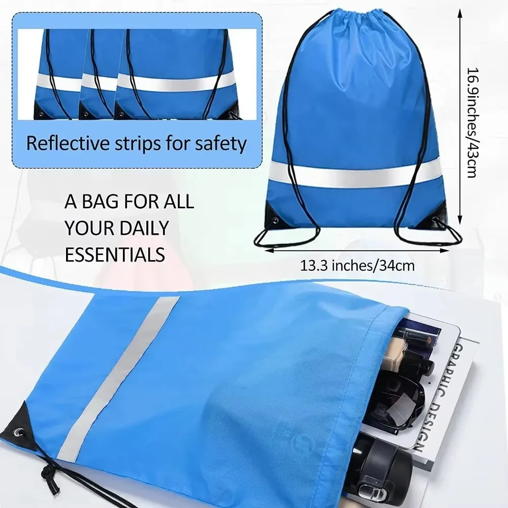 1× Reflective Drawstring Bag 210D Polyester Stuff Sack Night Running Sports Gym Outdoor Travel Storage Pouch Pack Hiking Camping