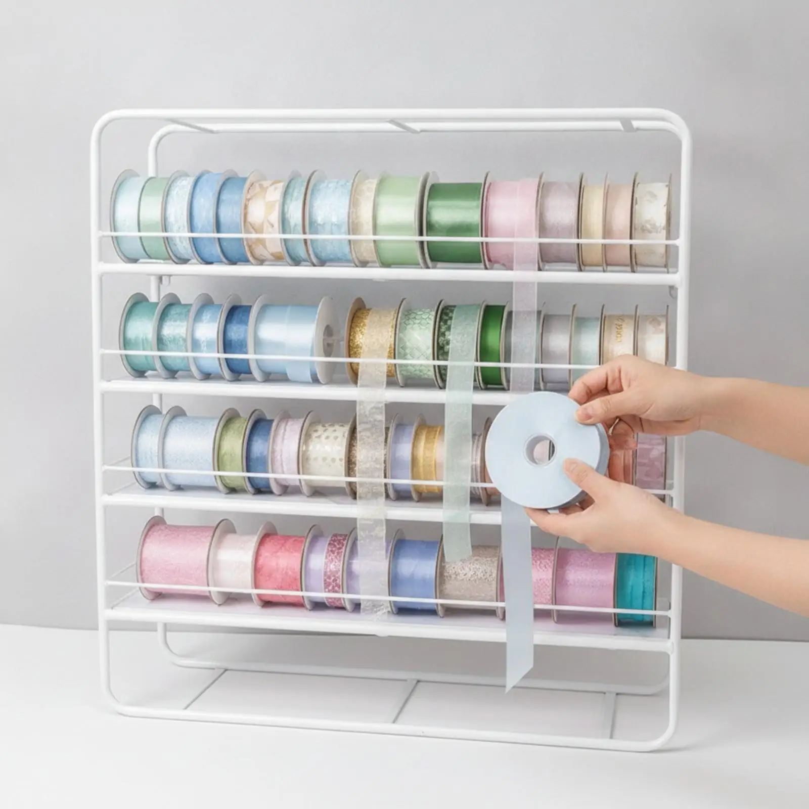 Wall Mounted Ribbon Storage Rack for Craft Supplies with Horizontal Rails and Shelf Supports for Small Items