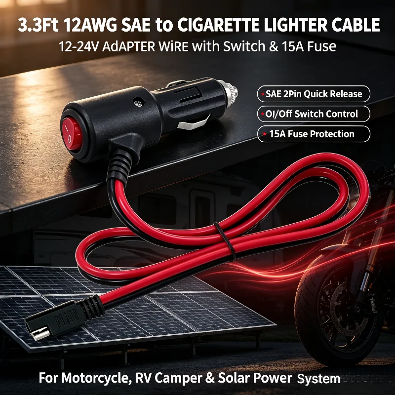 3.3Ft 12AWG SAE 2Pin To Cigarette Lighter Cable 12-24V Power Wire with On/Off Switch&15A Fuse for Motorcycle Solar Power System