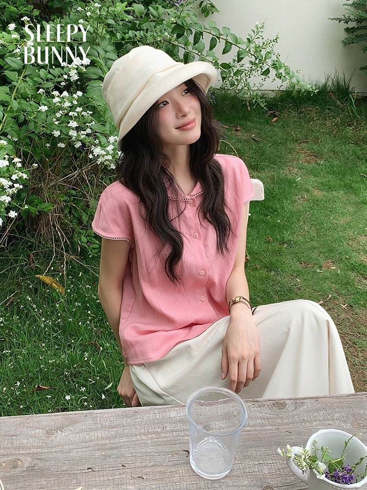 

Linen Tencel Doll Collar Blouse Women Summer Loose Fit Button Shirt Lace Trim Casual Sweet Short Sleeve Top Daily Office Look