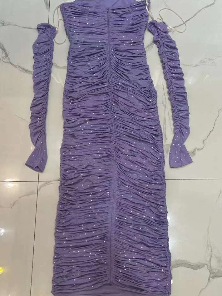 Purple Slim 2024 Sexy Long Sleeve Package Hip Tube Pleat Fashion Collection Diamonds Pressed Women Lady Ankle Length Dress