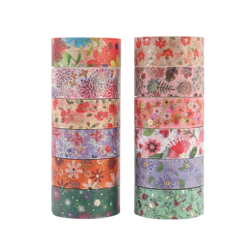 12Pcs Flowers Washi Tapes Gold Foil Decorative Adhesive Tape Journal Supplies Masking Tape Diary Scrapbooking Washi Tape Set