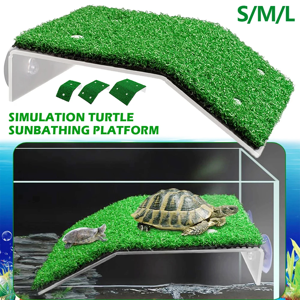 Fish Tank Lawn Turtle Basking Platform Turtle Climbing Platform with Suction Cup Simulation Turf Turtle Ramp Ladder for Aquarium