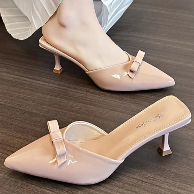 Sandalias de tacón alto para mujer, sandalias de charol de aguja 2025, verano al aire libre, sexy, con lazo, diseñador, punta cerrada, talla grande