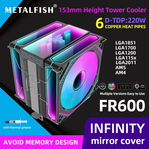 Metalfish FR600 CPU enfriador de aire 6 tubos de calor ARGB PWM 12cm ventilador 153mm de altura para 1851/1700/1200/115X/AM5/AM4/2011/X79/X99